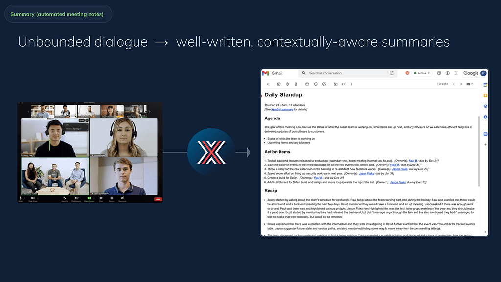 Xembly product screenshot showing automated meeting notes feature