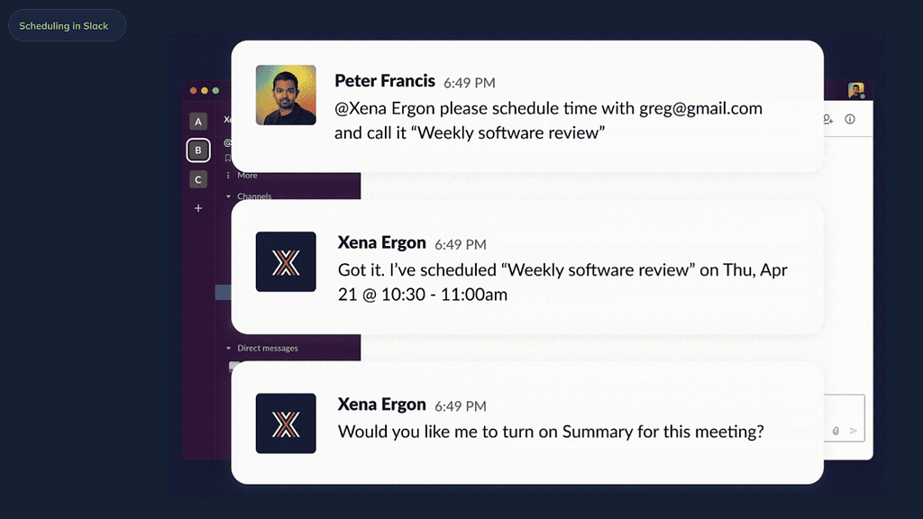 Xembly product screenshot showing Scheduling in Slack feature