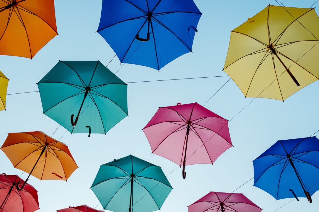 umbrellas floating in the sky