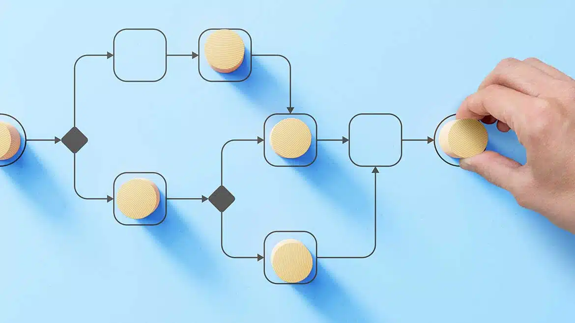 a hand moving wooden cylinder pieces on a process diagram on blue paper