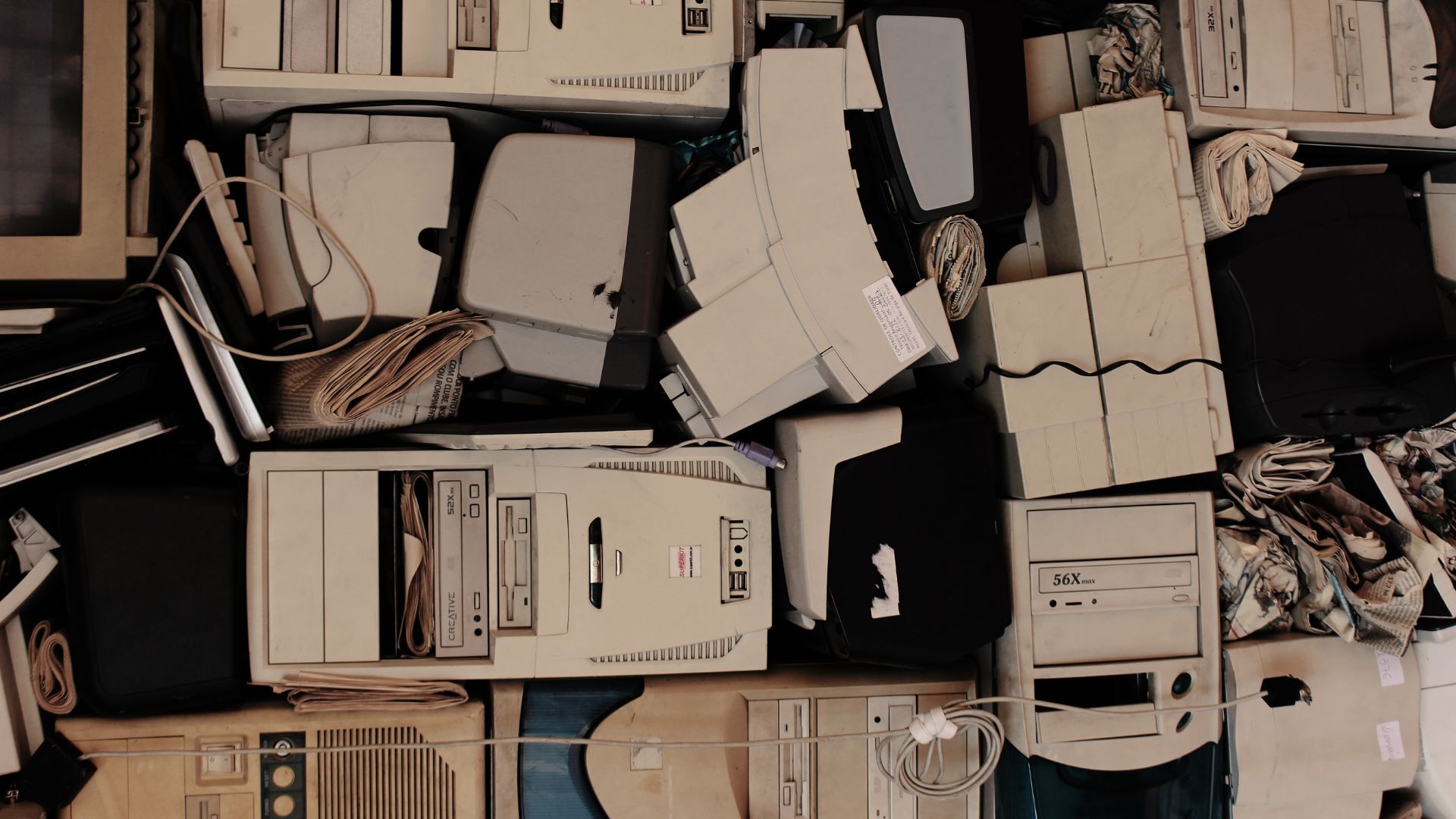 overhead photo of old computer equipment in storage