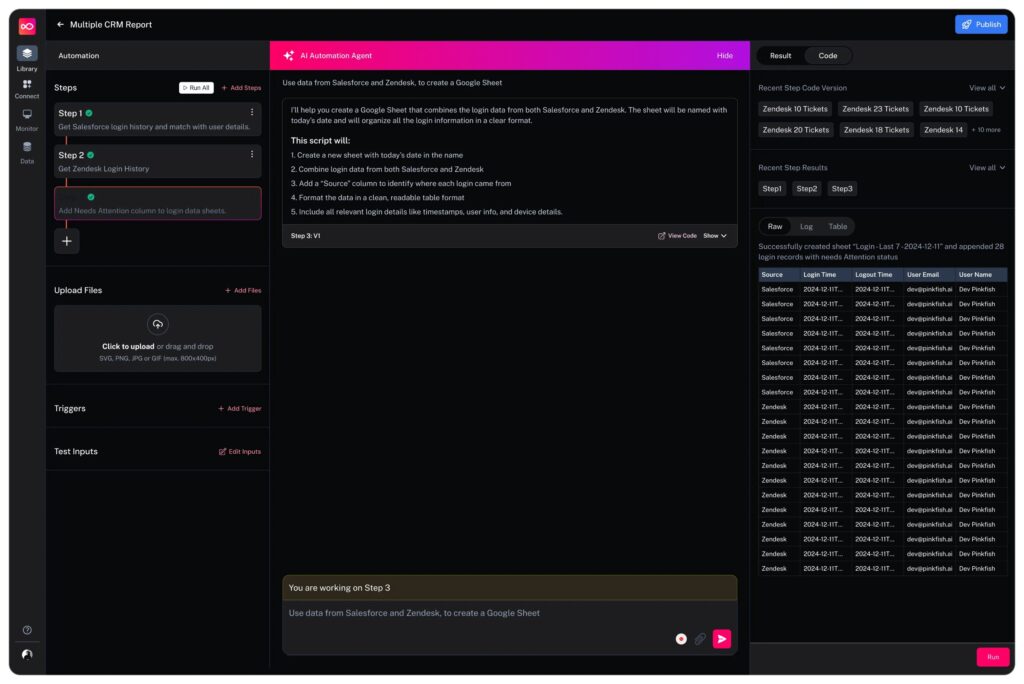 Pinkfish AI platform screenshot showing an AI Automation Agent completing the process of using data from Salesforce and Zendesk to create a Google Sheet